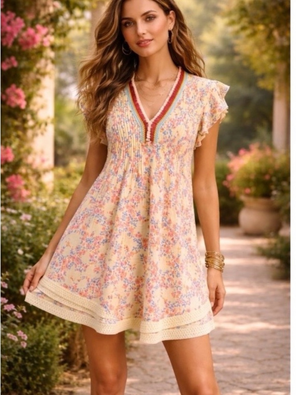 Poupette St. Barth Sasha yellow Floral V-Neck Summer Mini Dress small
